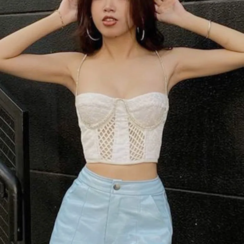 

2023 Spring Summer Vintage Fashion Diamond Straps Corset Top for Women Backless Camis Crop Tops Party Sleeveless Tops Draped