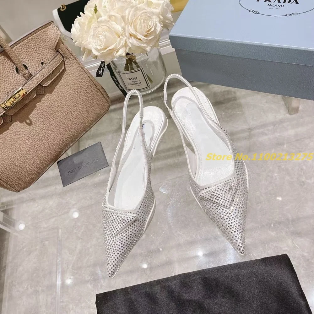 Crystal Back Strap Pumps Kitten Heel Sexy Pointy Toe Slip On Slingback Fashion Ladies Shoes Studded 2022 Shoes Inverted Triangle images - 6