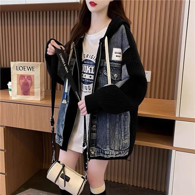 

Hsa Harajuku Jeans Sweater Jacket Women Fashion Patchwork Letters Denim Hooded Cardigan Jersey Cardigan Korean Clothes Outerwear