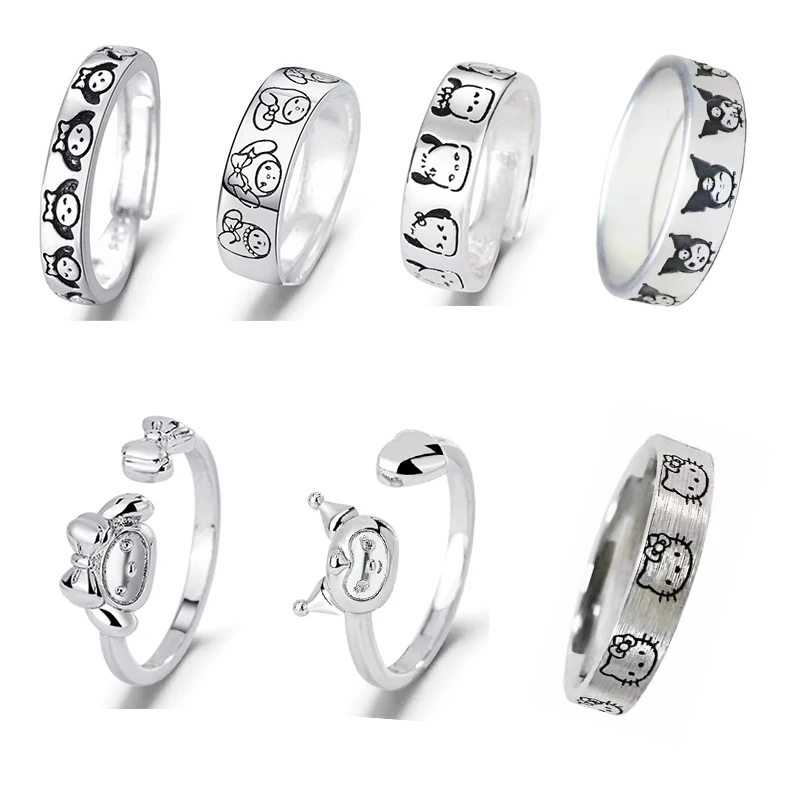 

Anime Sanrio Accessories Kawaii Hello Kitty My Melody Cinnamon Cartoon Character Adjustable Couple Silver Ring Birthday Gift