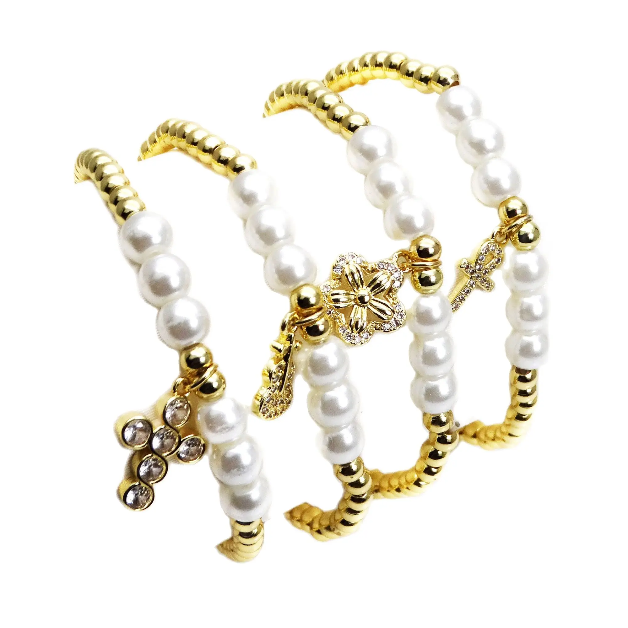 

4mm copper bead bracelet Elastic elastic bracelet micro-inset zircon pendant accessories Imitation pearl hand catenary