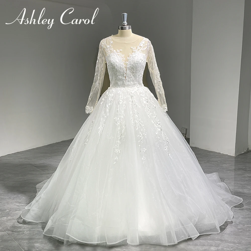 

Свадебное платье с длинным рукавом Эшли Карол реальные фотографии 2024 платье с открытой спиной и аппликацией со шлейфом новый дизайн Vestidos De Novia