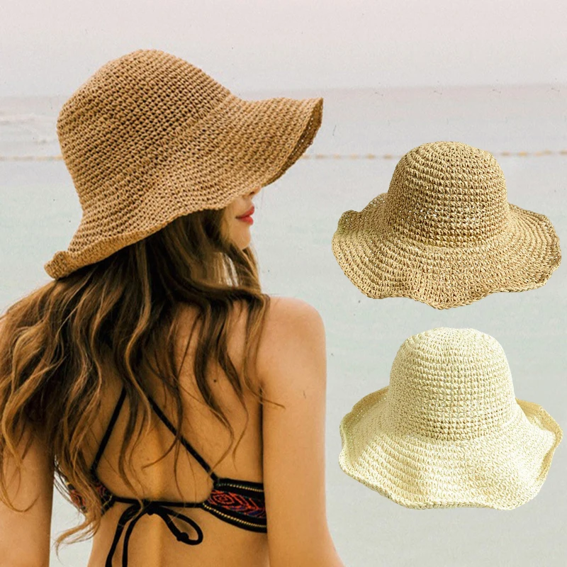 

Simple Foldable Wide Brim Floppy Girls Straw Hat Sun Hat Beach Women Summer Hat UV Protect Travel Cap Lady Bucket Hat