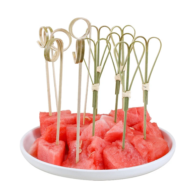 

100pcs/bag Party Disposable Tableware Cocktail Knotted Bamboo Pick Fruit Skewers for Cocktail Party Barbeque Snacks Club