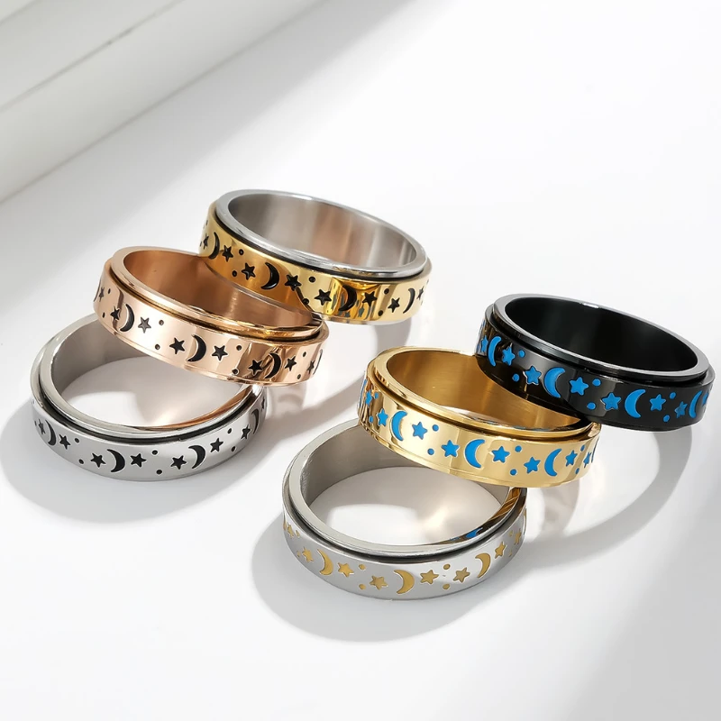 

Moon Rotatable Luminous Titanium Steel Ring Men's and Women's Same Stainless Steel Hollow Star Men's Ring Party Jewelry Hot