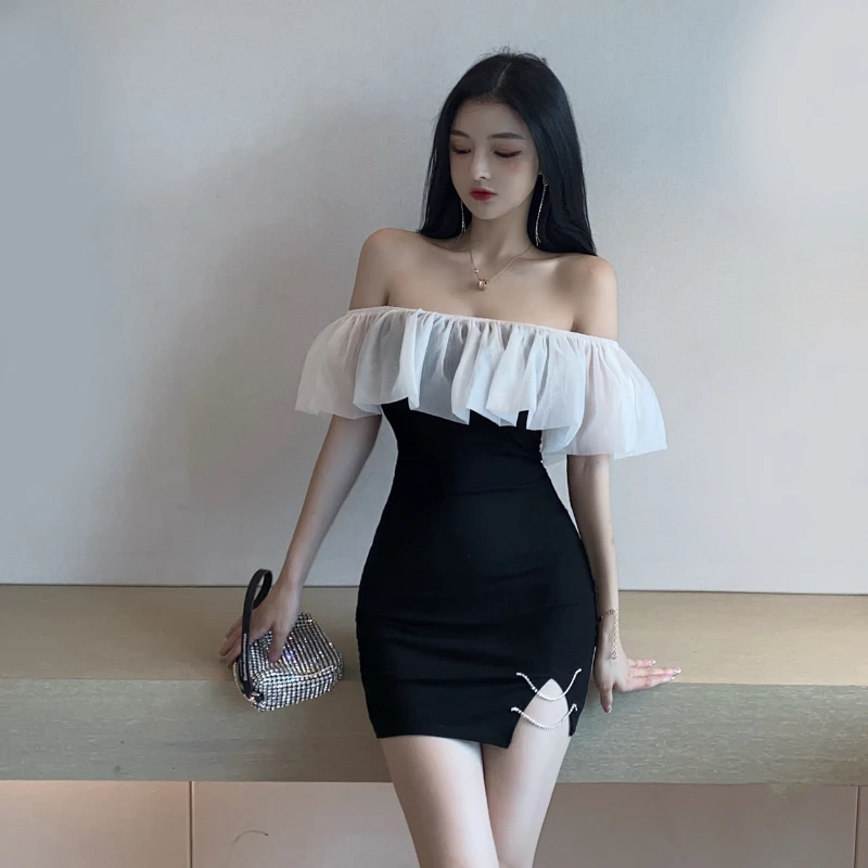 

Summer New Sexy Word-neck Off-the-shoulder Ruffled Waist Bag Hip Slit Dress Party Dress Dress for Women Y2k Dress Sheath