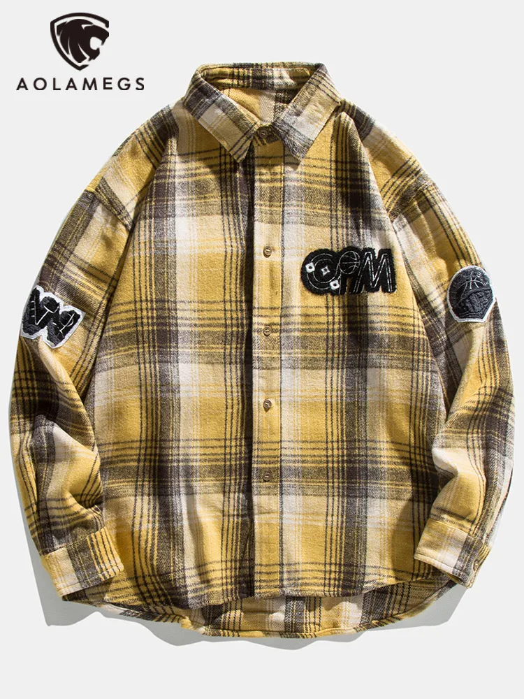 

Aolamegs Plaid Shirts Men Furry Cute Patch Long Sleeve Shirt Tops Spring Baggy Retro All-match Fashion Hip Hop Casual Streetwear