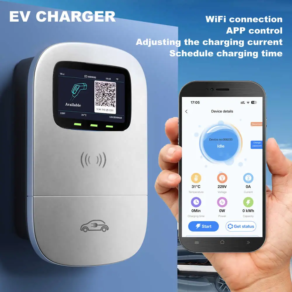 Фото Автомобильное зарядное устройство JIGU 32A 7.6KW GBT для электромобиля, WiFi-соединение, EVSE Wallbox 11 кВт 22 кВт GB/T20234 кабель, управление через приложение, зарядное устройство для электромобилей №1