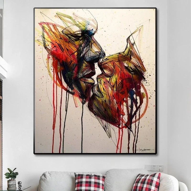 

Абстрактная картина для влюбленных, поцелуй, холст, граффити, искусство на стену в уличном стиле, картина для гостиной, домашний декор, квадр...