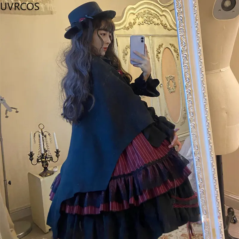 Victorian Lolita Jsk Dress Women Halloween Gothic Bat Collar Shirt and Woolen Princess Dresses Vintage Punk Harajuku Party Dress images - 6
