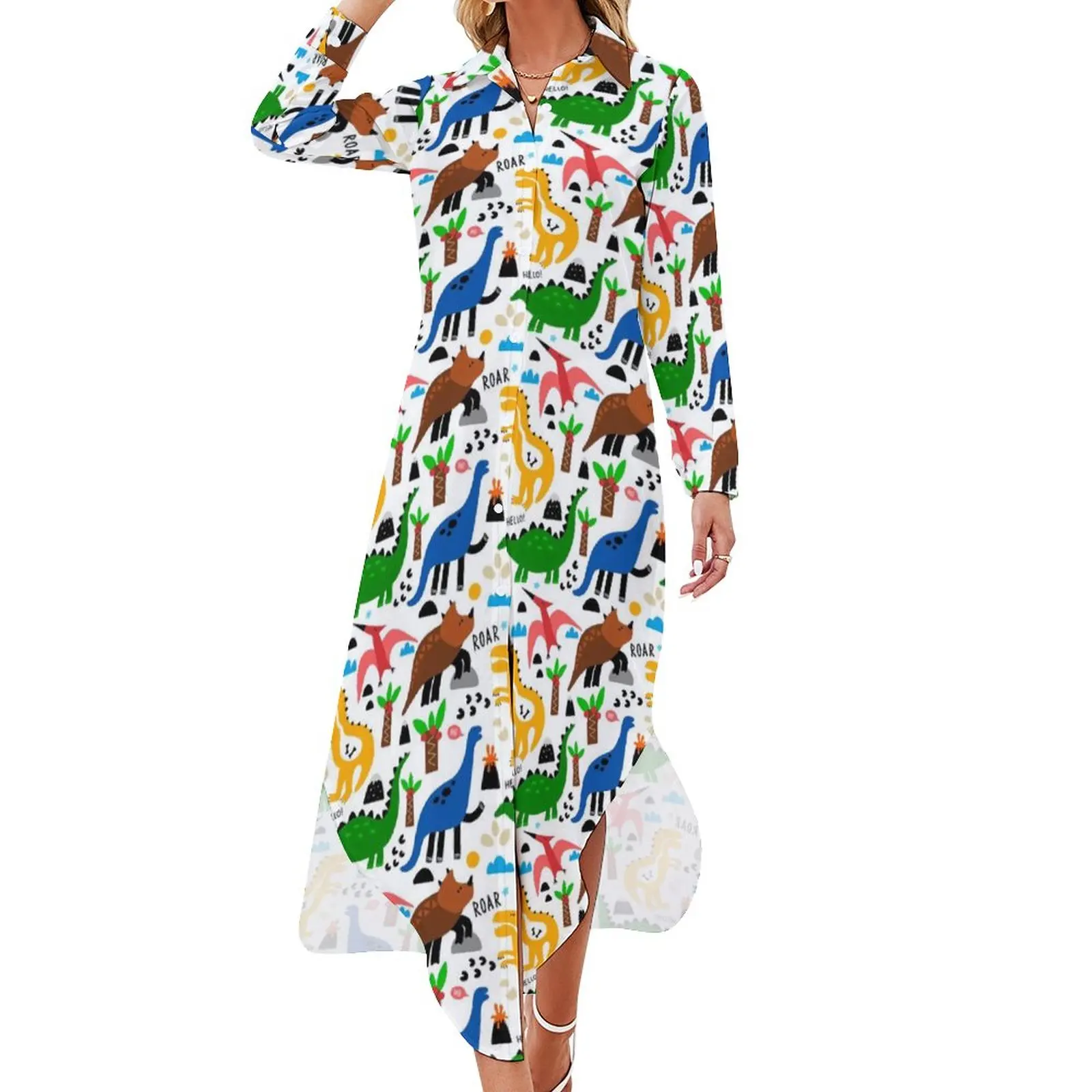 

Cute Dinosaurs Casual Dress Funny Animals Pinrt Korean Fashion Dresses Long Sleeve Modern Female V Neck Big Size Chiffon Dress