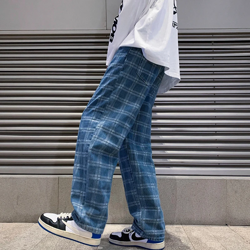 Men's Plaid Blue Baggy Jeans 2022 Spring New Korean Fashion Wide Leg Jean Y2k Printing Denim Pants Male Brand Clothes