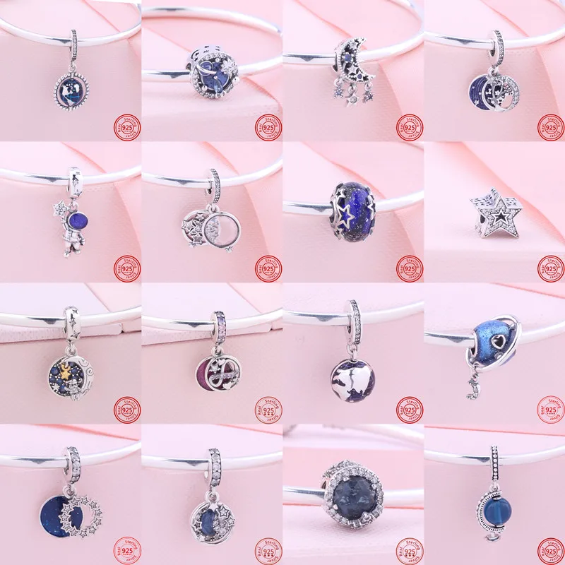 

925 Silver Blue Planet Stars Moon Pendant Pavé Clip Bead Space Journey Charm Fit Original Pandora Bracelet Women Fashion Jewelry