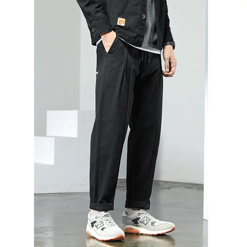 Men Clothing Trendy Casual Blue Pants Brand Overalls Men's Twill Lanyard Men Trousers Loose Straight Solid Color Trousers Autumn