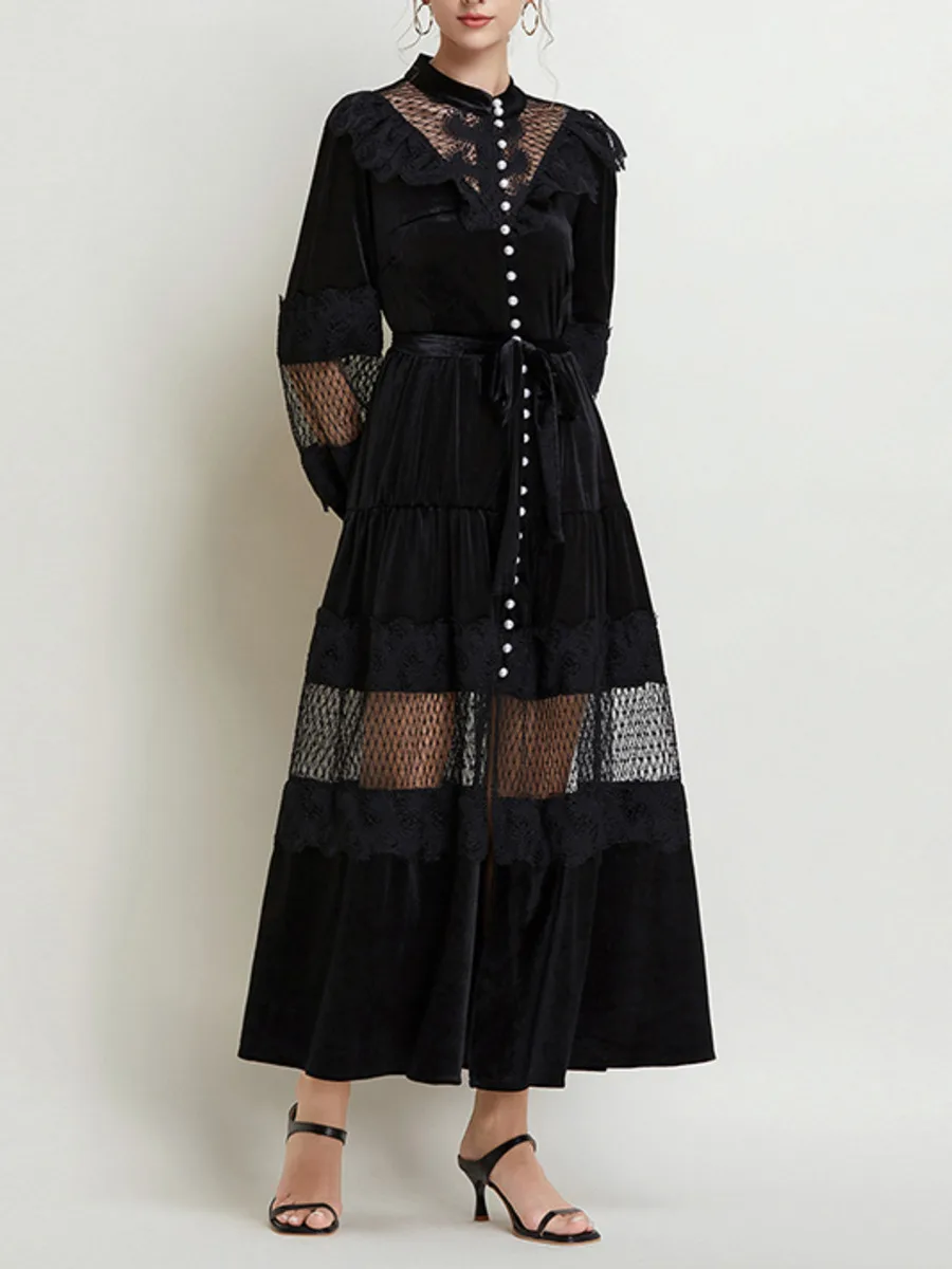 Женское бархатное платье макси черное ажурное Повседневное с поясом длинное в