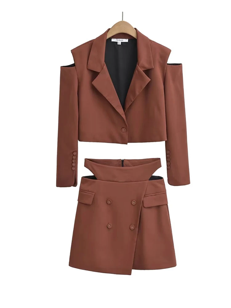 

Women Cold Shoulder Long Sleeve Cropped Blazer Coat And High Waist Skirts Matching Sets Fashion 2 Pcs Set
