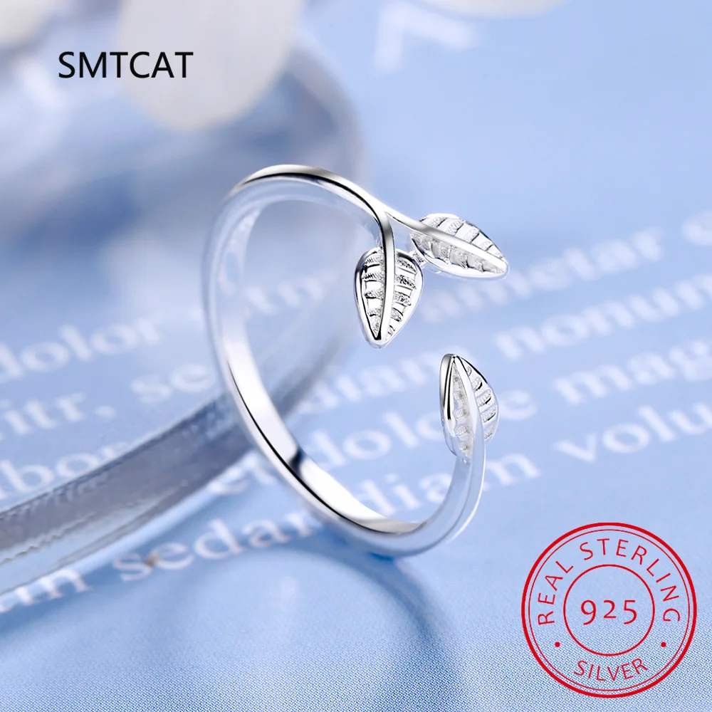 

925 Sterling Silver Leaf Opening Ring Adjustable Leaves Ring Platinum Plated Simple Jewelry for Women SCR975-E
