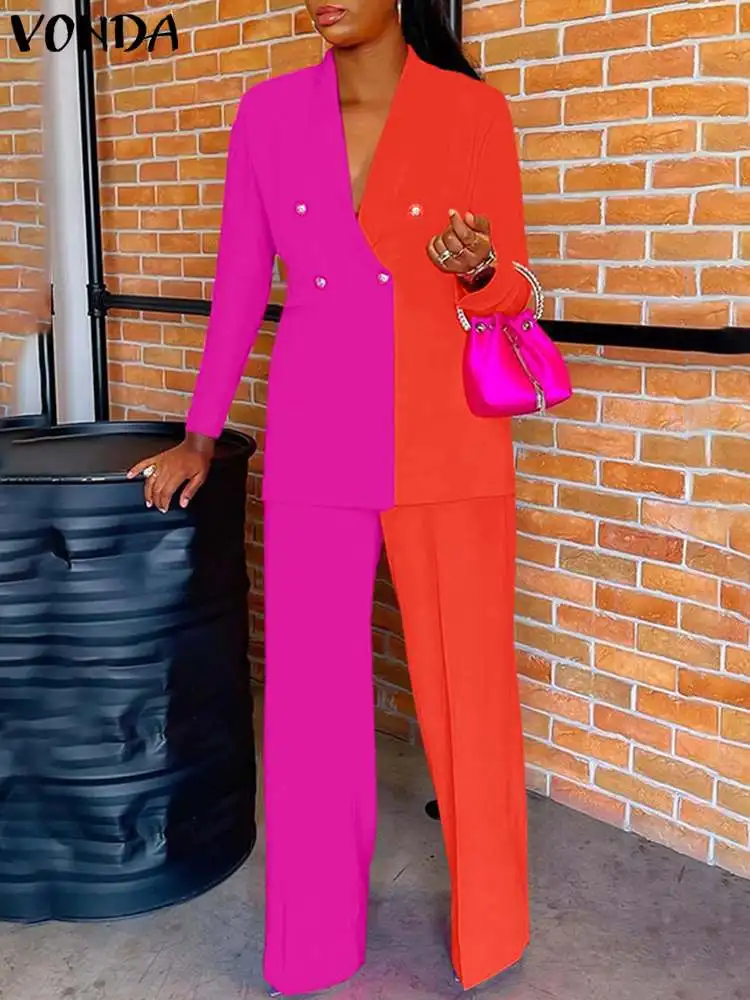 

Женский Брючный комплект, офисный костюм, блейзер 2022 VONDA, Женский официальный пиджак и Цветные Лоскутные Длинные брюки, костюмы Ropa De Mujer