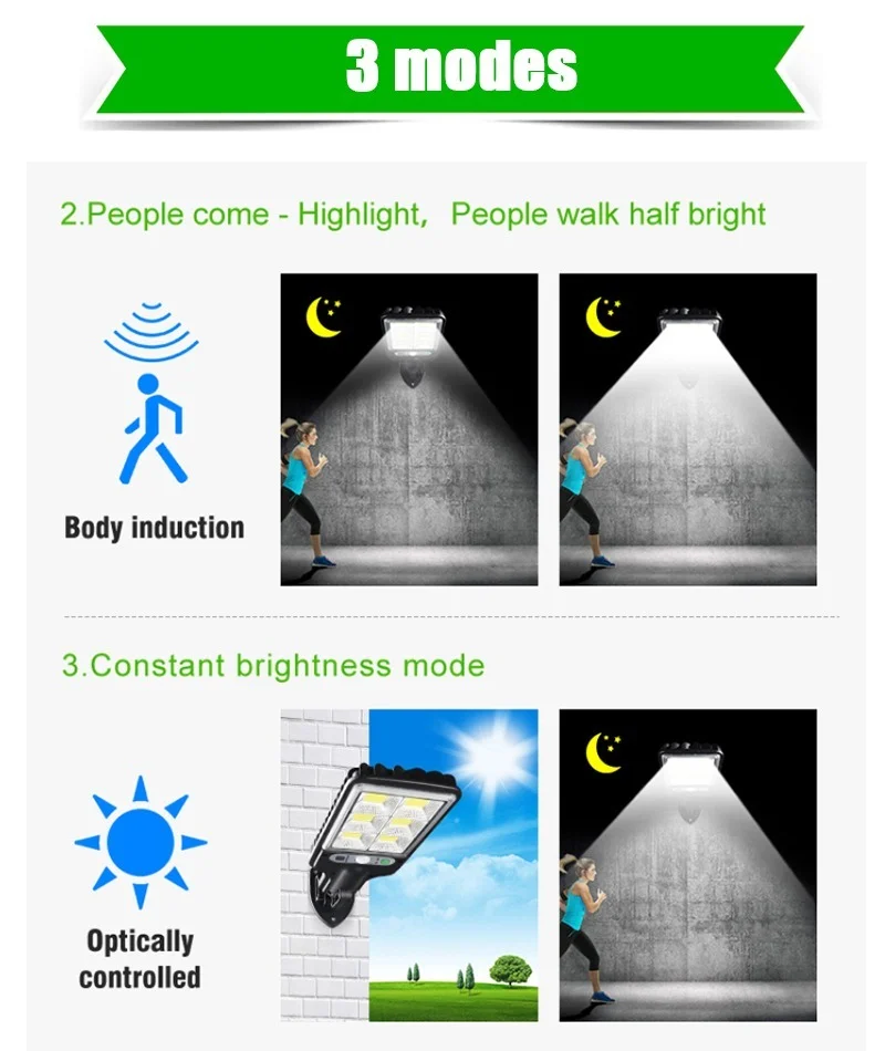 New 72COB Outdoors Solar Powered Wall  Street Light Solar Lamps Dark Sensation Porch Street Garage Garden 3 Modes Motion
