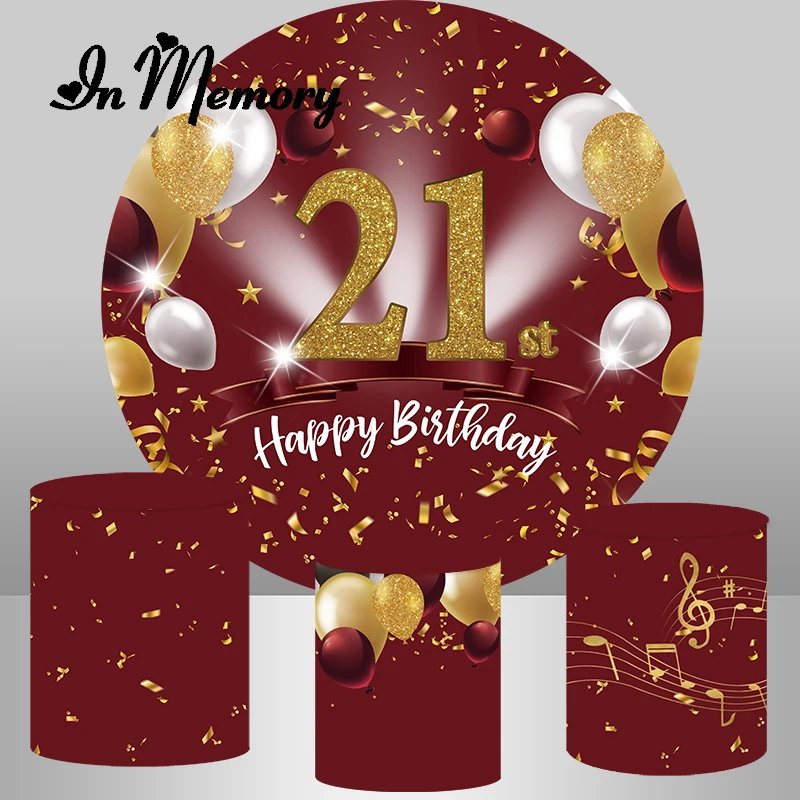 

InMemory Burgundy Girls Happy 21st Birthday Round Backdrop Glitter Balloons Adult Woman Wedding Party Background Plinth Covers