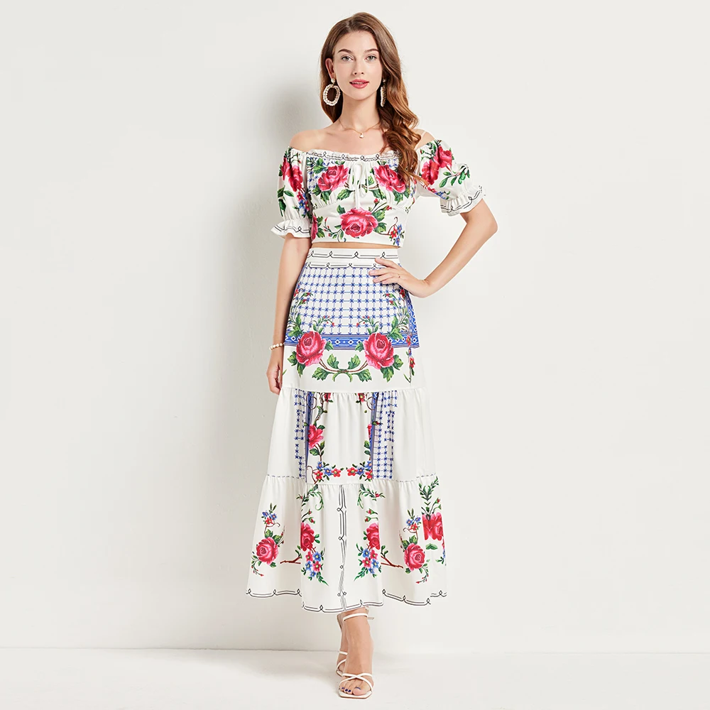 

Designer Summer Skirts Suit Women Off Shoulder Ruffles Short Top＋High Waist A-Line Rose Print Vacation Skirt 2 Pieces Set N533