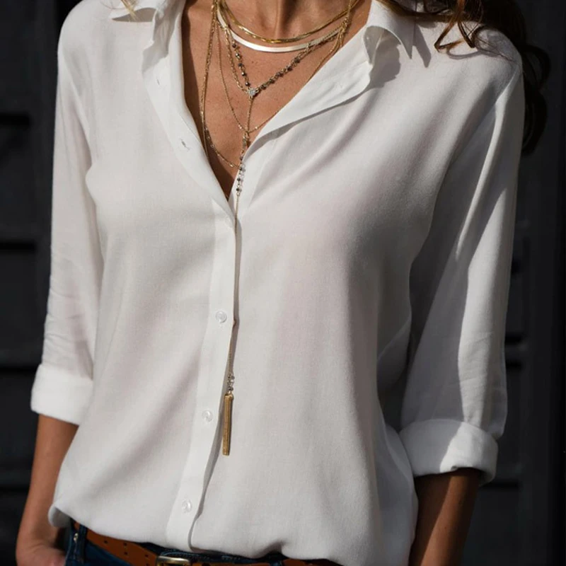 

2023 Summer Chiffon Fashion Long Sleeve Casual Ladies Shirt Basic Button Solid Office Shirt Slim Single Tone Simple Top