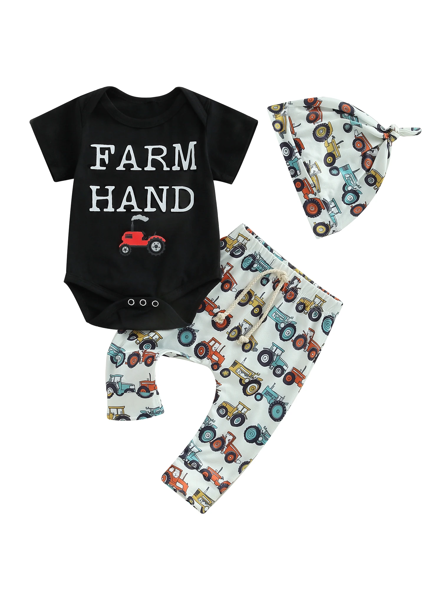 

Baby 3Pcs Summer Outfits Short Sleeve Letter Print Romper Tractor Chicken Pants Knot Hat Set