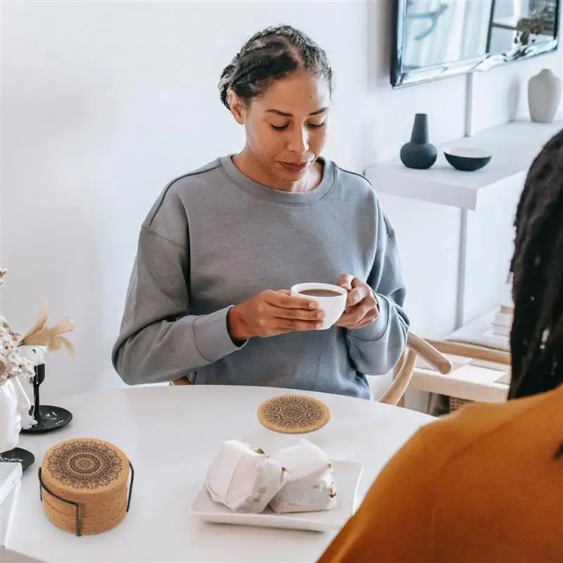 

Non-slip Wooden Coasters Table Mat Creative Nordic Mandala Design Round Shape Wooden Coasters 6pcs Coffee Cup Pad 1 Set