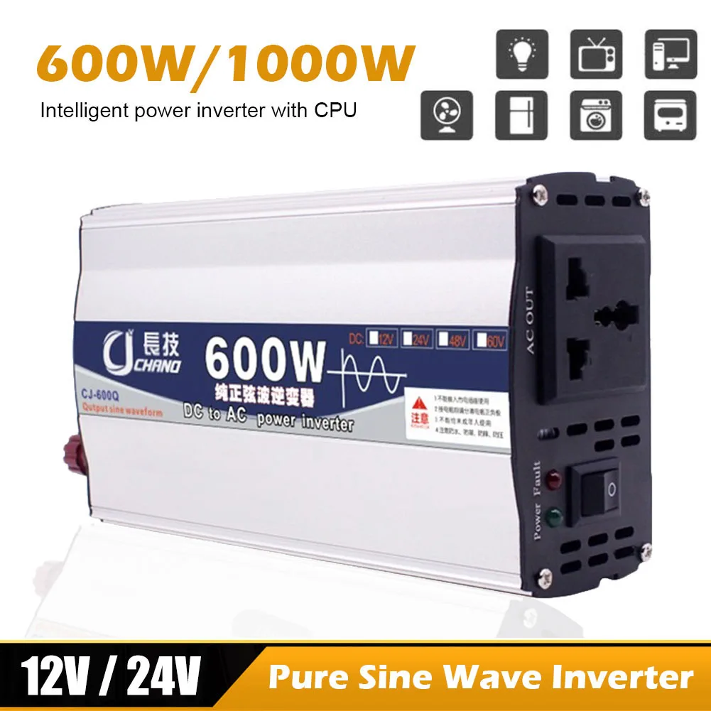 

600W 1000W Pure Sine Wave Car Power Inverter DC 12V 24V To AC 220V Power Converter Adapter Surge Protection Home Travel Inverter