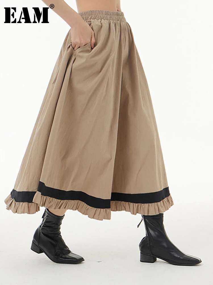 

[EAM] High Elastic Waist Khaki Ruffles Hem Vintage A-line Half-body Skirt Women Fashion Tide New Spring Autumn 2023 1DE7117