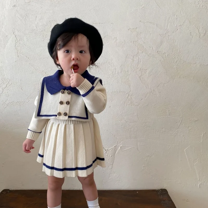 

Spring autumn Baby girl navy style knitted long sleeve dress Toddler kids Label pleat princess dresses