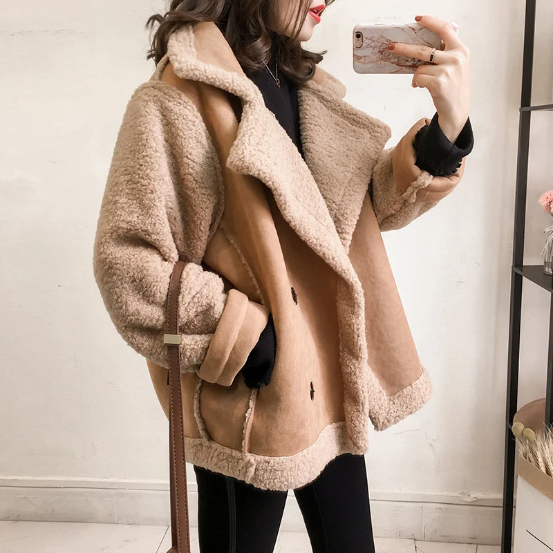 

Women Winter Coat Faux Shearling Sheepskin Coat Jacket Lamb Wool Thickened Locomotive Lapel Female Fashion Outwear