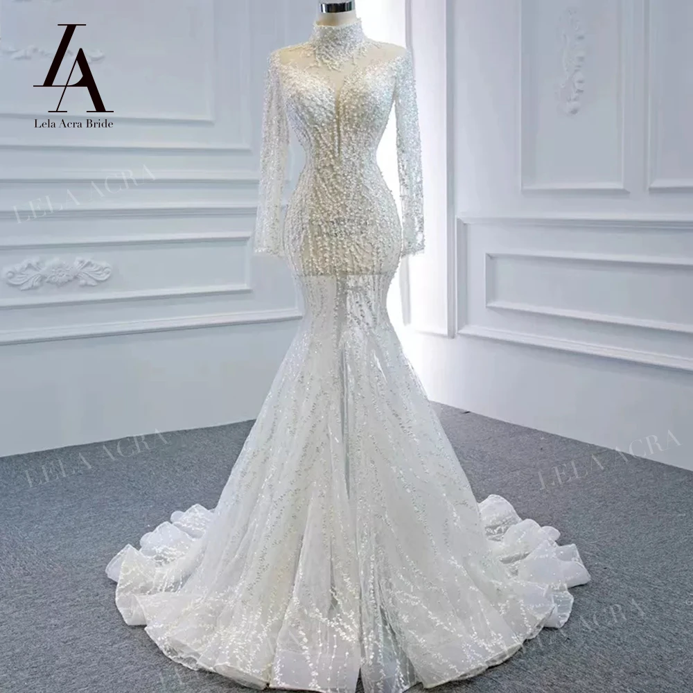 

LelaAcra Long Sleeve Wedding Dresses for women 2023 Pearls Luxury Mermaid Court Train Princess Bride Gown SH11 Vestido de Noiva