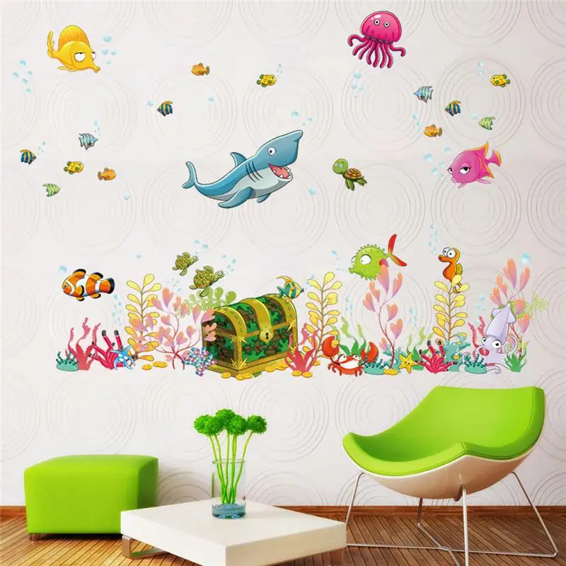 

Deep Sea World Fish Sealife Wall Sticker For Kindergarten Kids Room Bathroom Home Decor Cartoon Mural Art Pvc Wall Decals