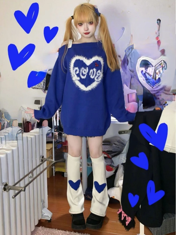 Streetwear Two Pieces Sets 2023 Women Harajuku Heart Print Y2k Aesthetic Pullover Slash Neck Knitted Sweater + Leg Warmers