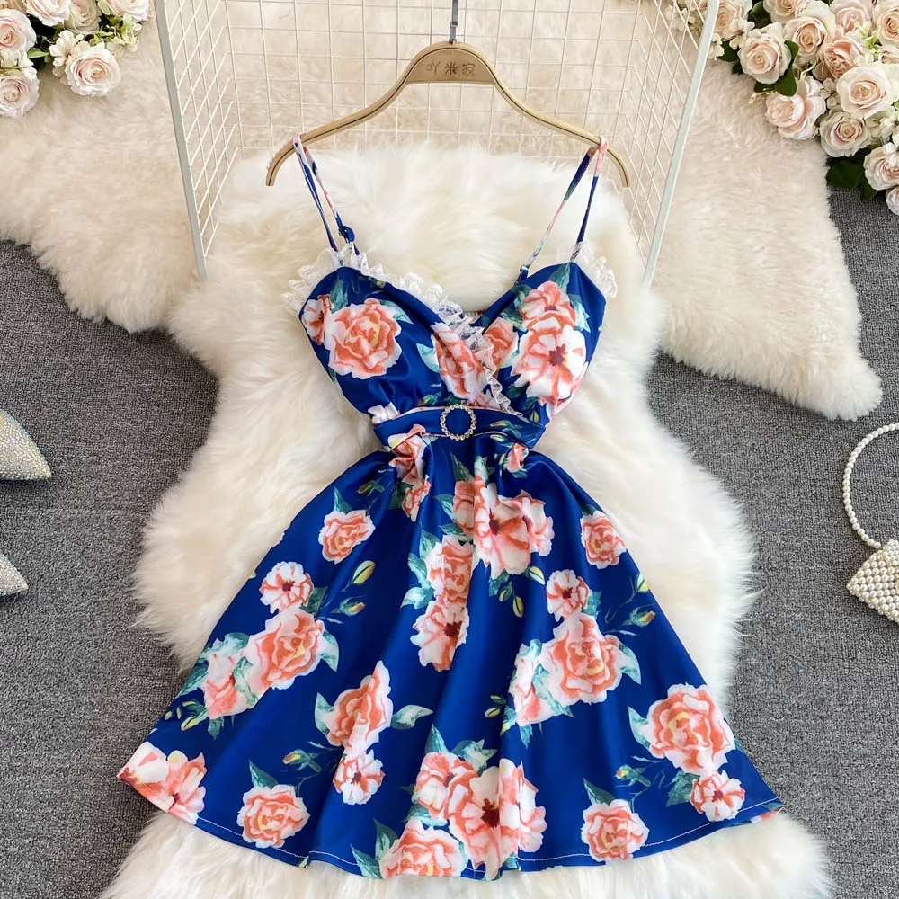 

2022 летнее Новое сексуальное платье с v-образным вырезом и открытой спиной на подтяжках с тонкой талией и короткой талией с тонким цветочным платьем