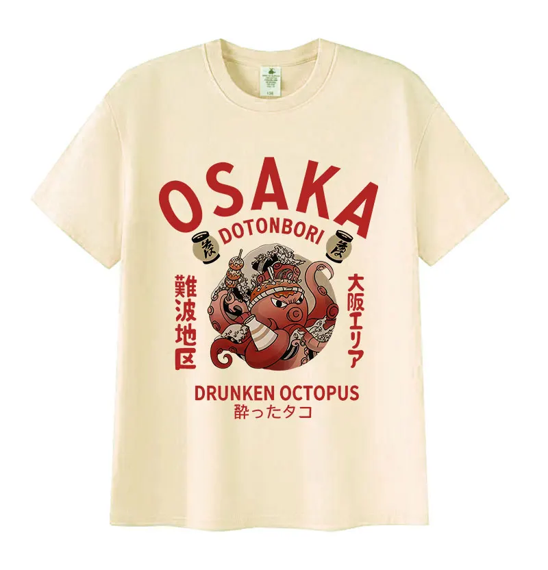 Фото Винтажная забавная футболка с рисунком Osaka Dotonbori 90-х годов, японские футболки в стиле Харадзюку «Пьяный осьминог», мужские и женские хлопковые футболки большого размера №1