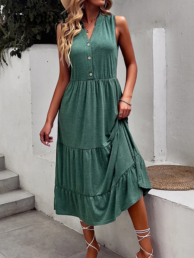 

Летнее женское однотонное длинное платье с V-образным вырезом, повседневное свободное ТРАПЕЦИЕВИДНОЕ платье без рукавов, модель 2023 года, же...