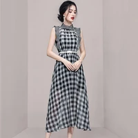2022 womens summer new korean high end temperament simple round neck sleeveless lattice elegant waist closing holiday dress
