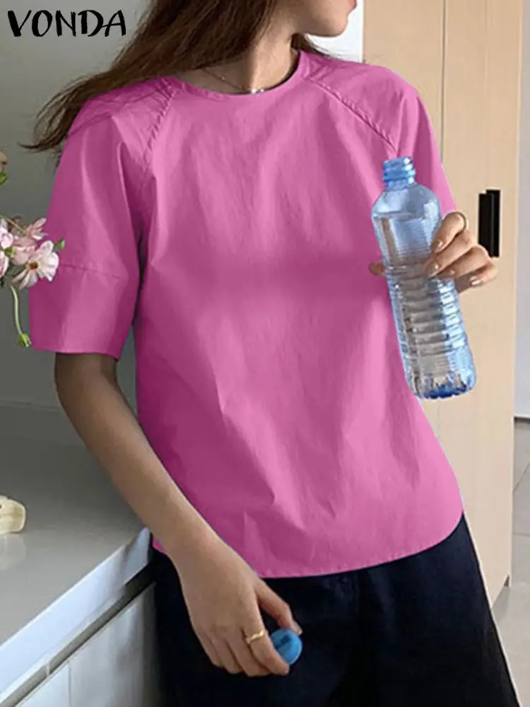 

Casual Blouse 2022 VONDA Women Baggy Short Sleeve Blouse Beach Summer Crew Neck Pleated Tops Blusas Femininas Oversized