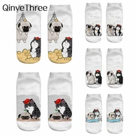 1 pair new 3d printing cute happy cat dog white short ankle socks funny kitten puppy friendship daily life series expression
