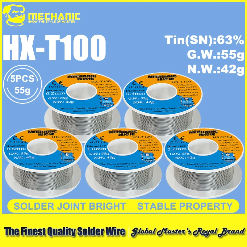 

МЕХАНИК 5 шт./лот HX-T100 55 г паяльная проволока мягкая канифольная сердцевина 0,3 мм 0,4 мм 0,5 мм 0,6 мм 0,8 мм 1 мм 1,2 мм для инструментов для ремонта iPhone