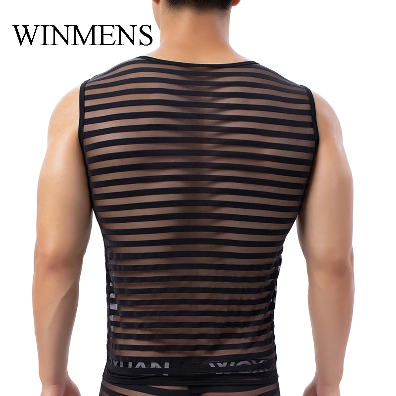 Men's Undershirt See Through Mesh Vest Striped Elastic Singlet O-neck Sleeveless Tank Tops  Transparent Muscle Shirts