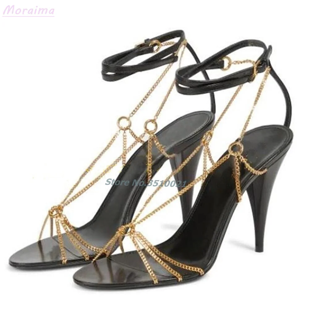 

Metal Chain Hollow Sandals Stiletto Spike Heels Open Toe Black Solid Color Sexy Banquet Party Women Shoes Summer New Arrivals