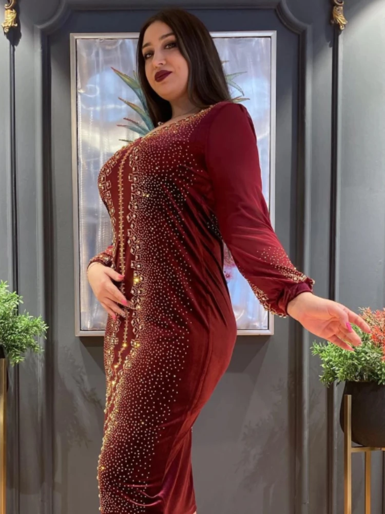 

Fashion O Neck Velvet Muslim Dress Chiffon Sleeve Diamond Dress Women Stretch Muslim Long Dress Eid Dress Abaya Kaftan Abaya