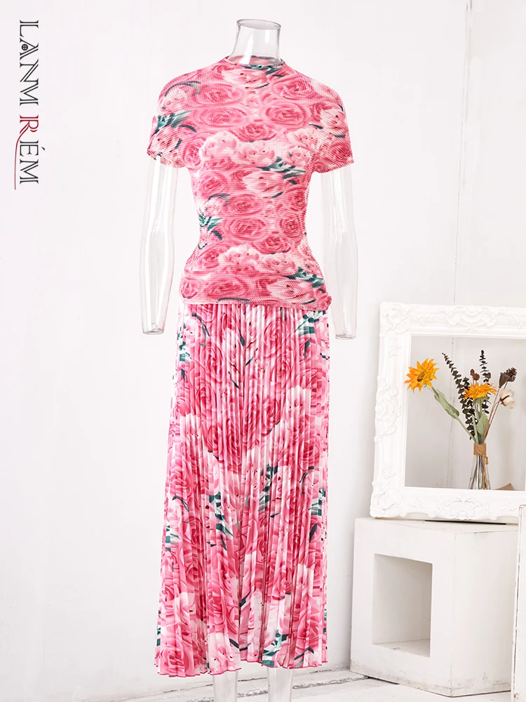 

LANMREM Pleated 2 Pieces Set For Women Printed Flowers Round Neck Short Sleeves Tops High Waist Fold Skirts 2023 New 2YAa1838
