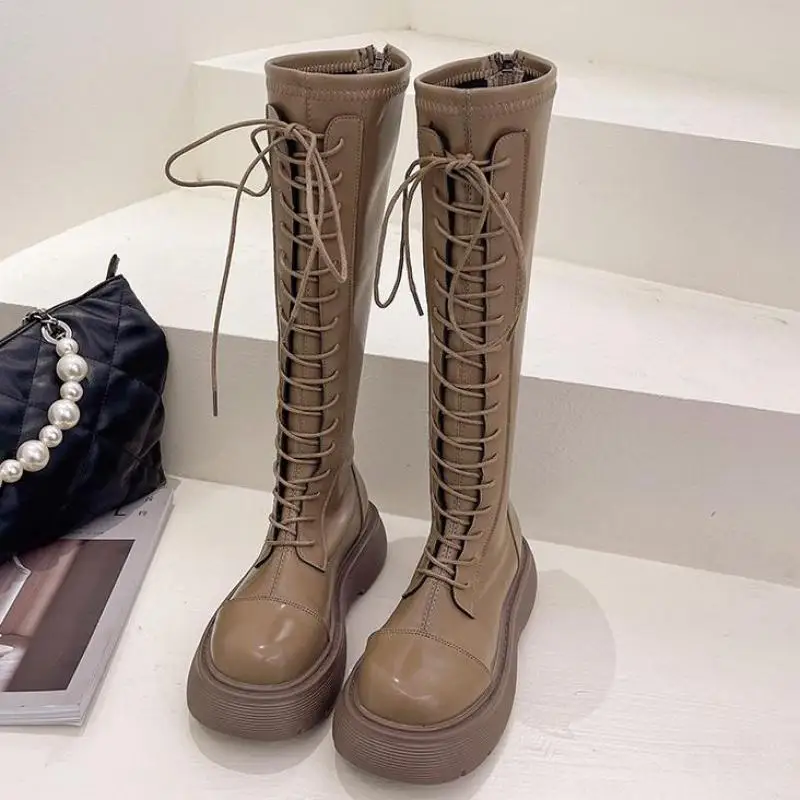 

Женские сапоги Челси на платформе, зимние теплые дизайнерские мотоциклетные сапоги-гладиаторы до колена, 2022