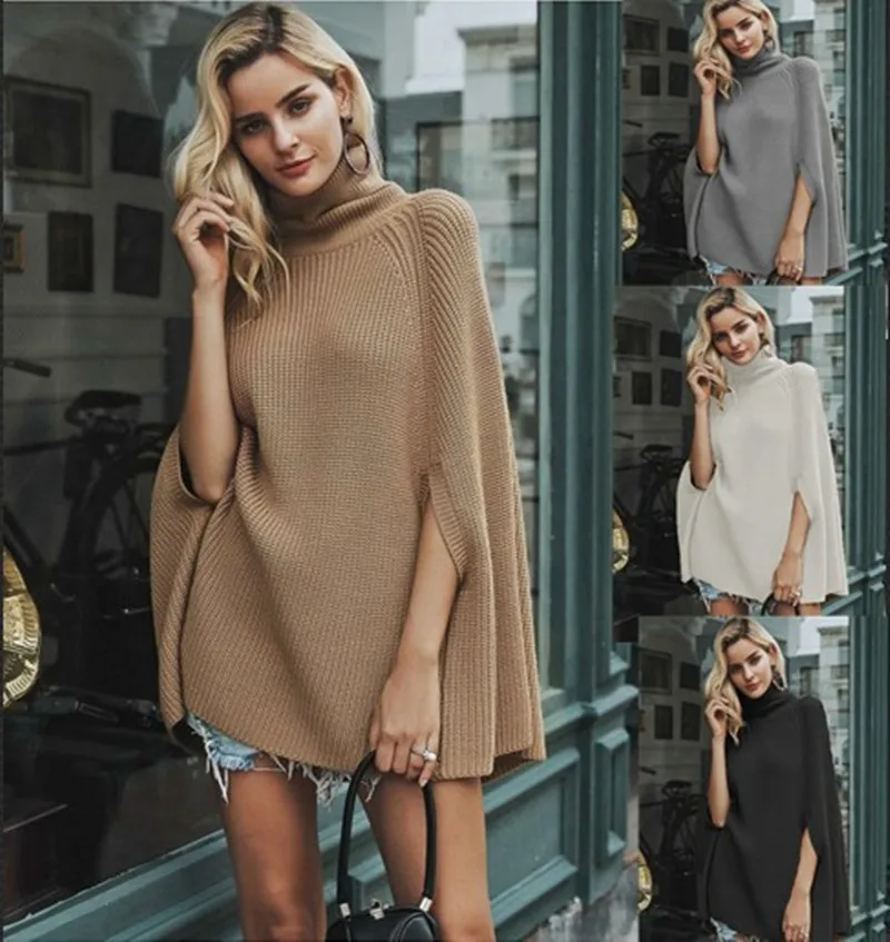 

Autumn and winter new women's knitwear middle long high collar cloak shirt irregular coat sweater