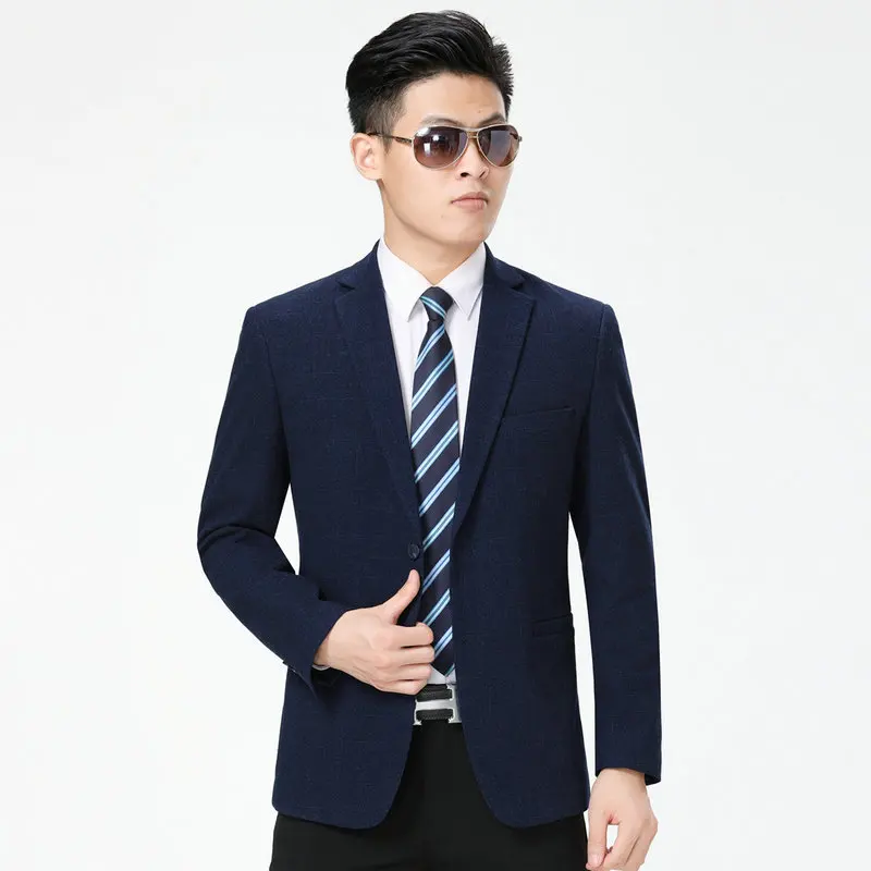 2023 Spring Autumn Men Shadow Plaid Pattern Blazer Navy Blue Notched Collar Slim Fitting Jacket Suits Male Daily Outfits Garment