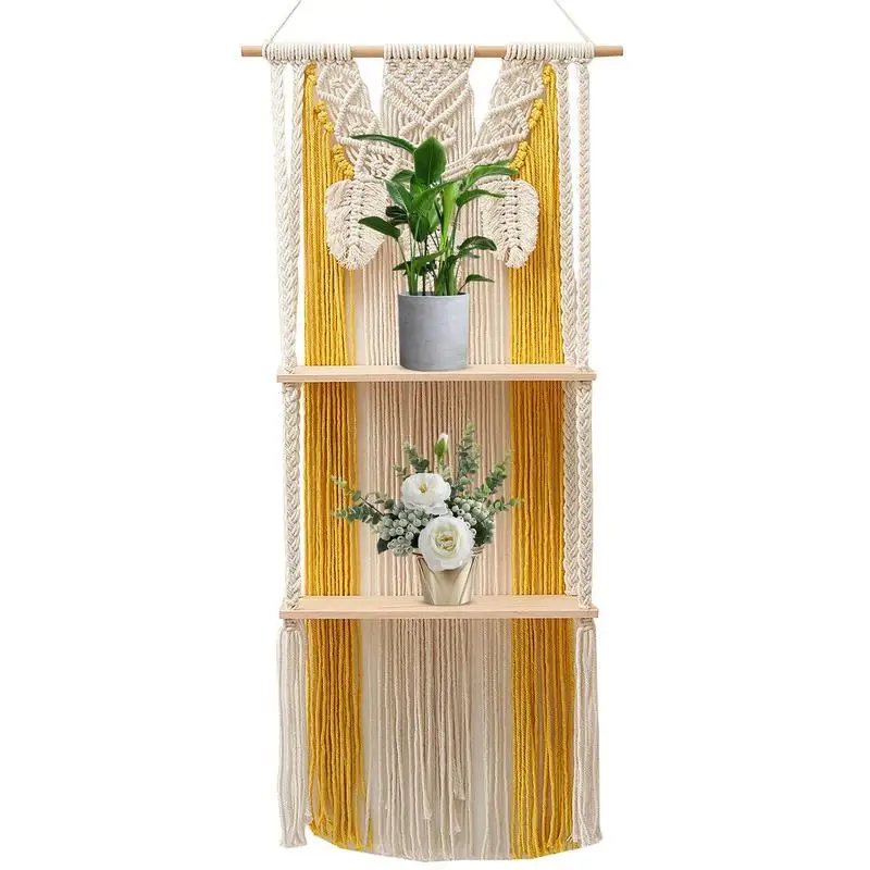 

Hand-Woven Macrame Hanging Planter Basket Wooden Shelves Bohemian Style 2 Layers Rack Wall Hanging Tapestry Home Room Decor
